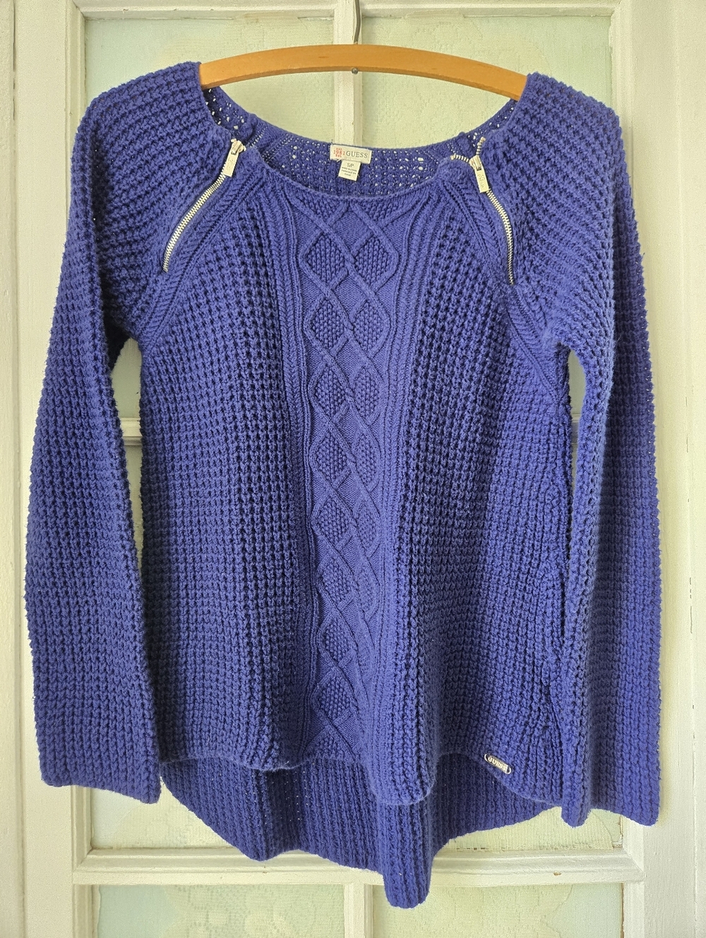 Guess Blue Cable Knit Zip Shoulder Sweater Small - Picture 1 of 4